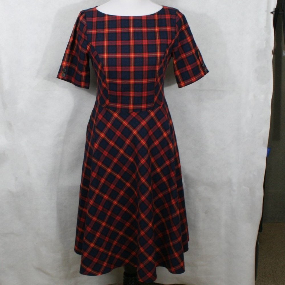 Royal Monk Red/Navy Blue/Black Cotton Plaid A-Line Dress Lined US SZ S UK 10 NWT